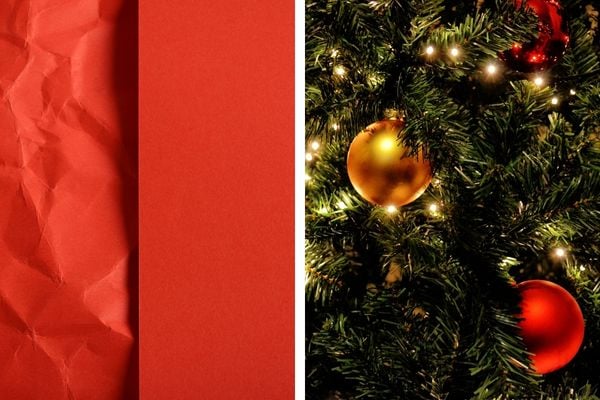 Imagem em gride de cartão vermelho e árvore de natal