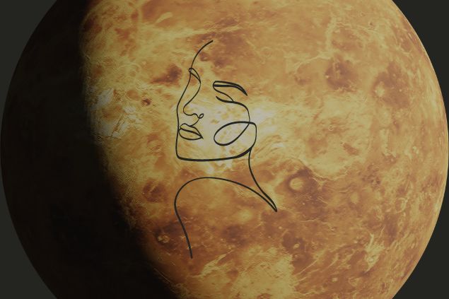 Desenho de uma mulher no meio do planeta vênus