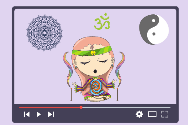 Ilustração de mulher meditando com incensos e borda do youtube