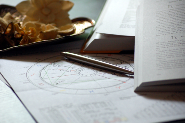 Documento com a mandala astrológica aberta em cima de uma mesa